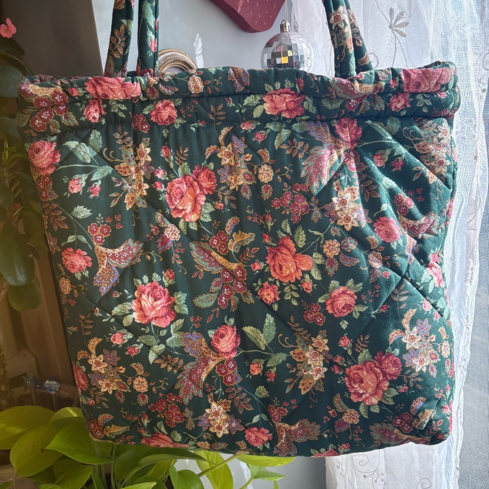 Floral Green Quilted Tote Bag / Shoulder Bag